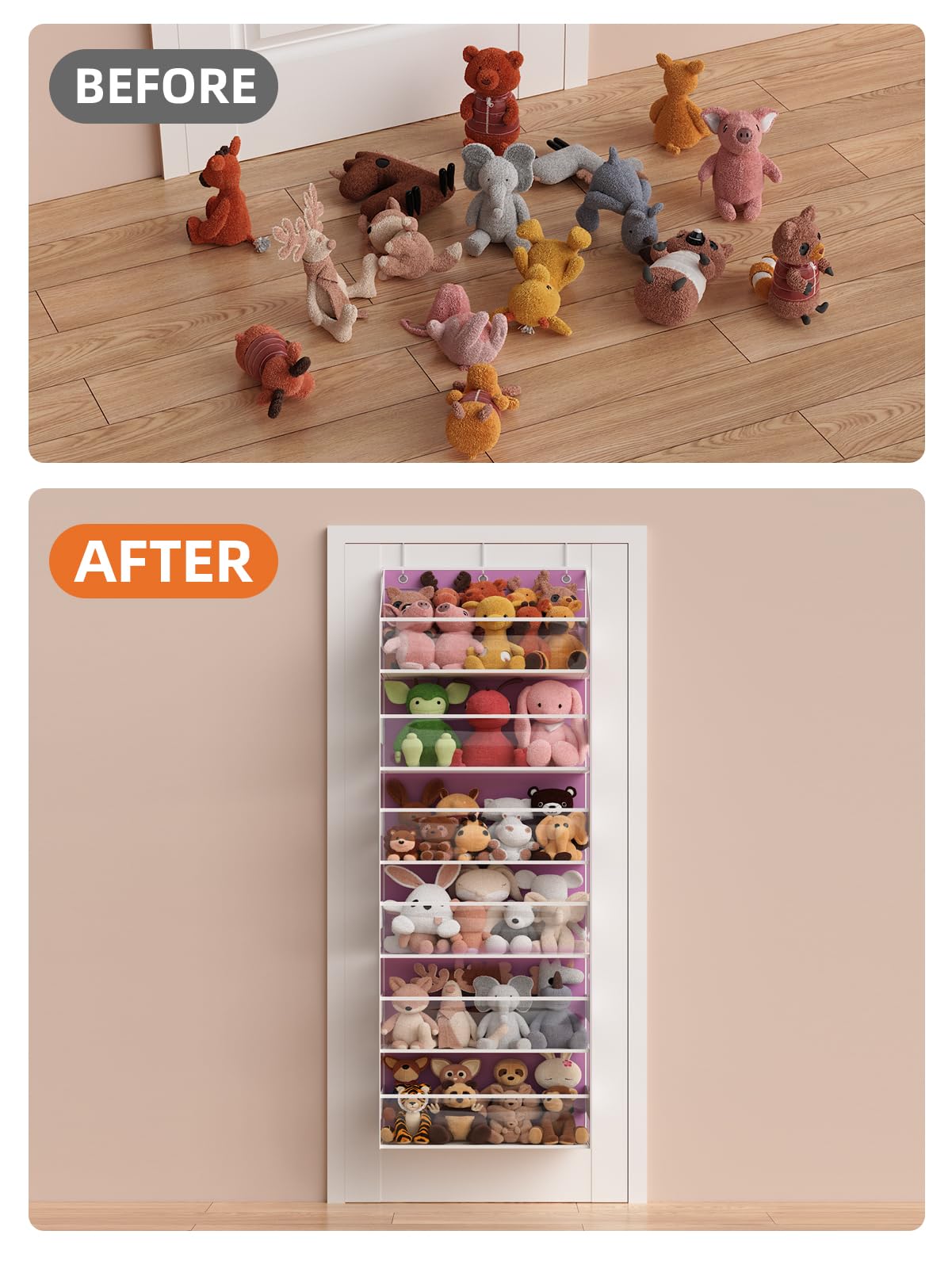 Wakaye Over the Door Organizes- 6 Tier Stuffed Animal Storage, Bathroom Organizers and Storage, Swing-proof Hanging Organizer for Toys/Nursery Newborn Baby Essential Stuff (Clear-pink)