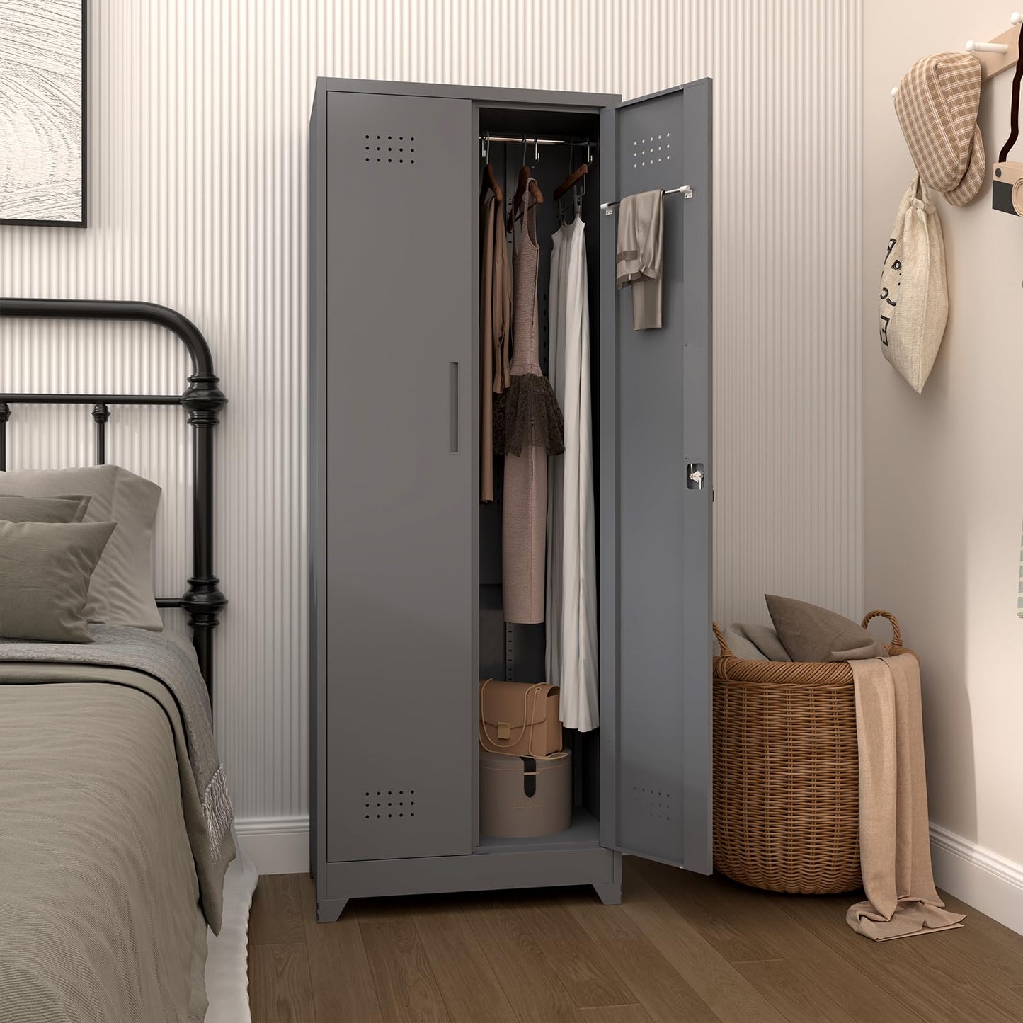 STEELIST Broom Closet Storage Cabinet, Steel Locking Cabinet with Hanging Rod, 65" Cleaning Storage with Doors and Hooks, Tall Broom Tool Cabinets for Office, Garage
