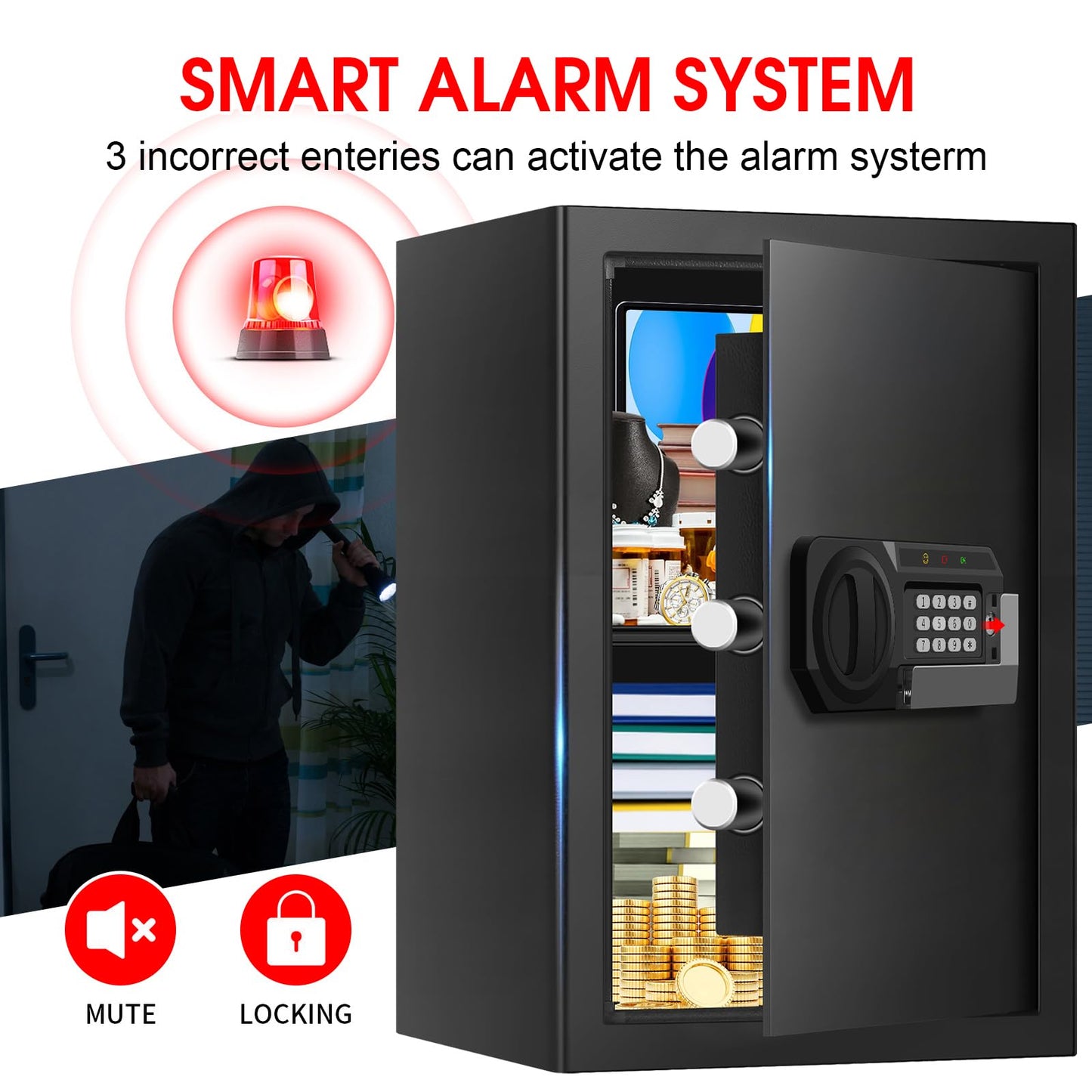3.3 Cuft Large Home Safes Water and Fireproof, Anti-theft Floor Safe for Home Use with Programmable Keypad, Alarm System and Spare Keys, Digital Home Safe Box for Valuables, Medicine