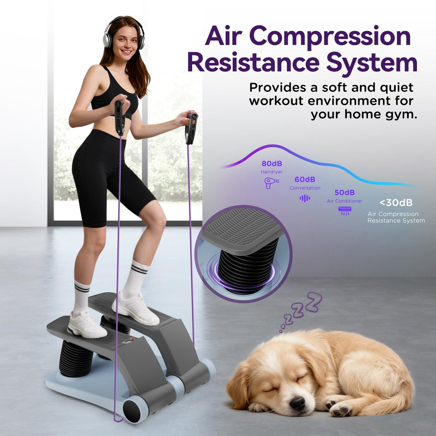 Air Stepper Exercise Machine with Resistance Bands, Stair Stepper with LCD Monitor, Adjustable Resistance Cardio Trainer for Home Workout, Compact Fitness Equipment, 300 lbs Weight Capacity (Blue)