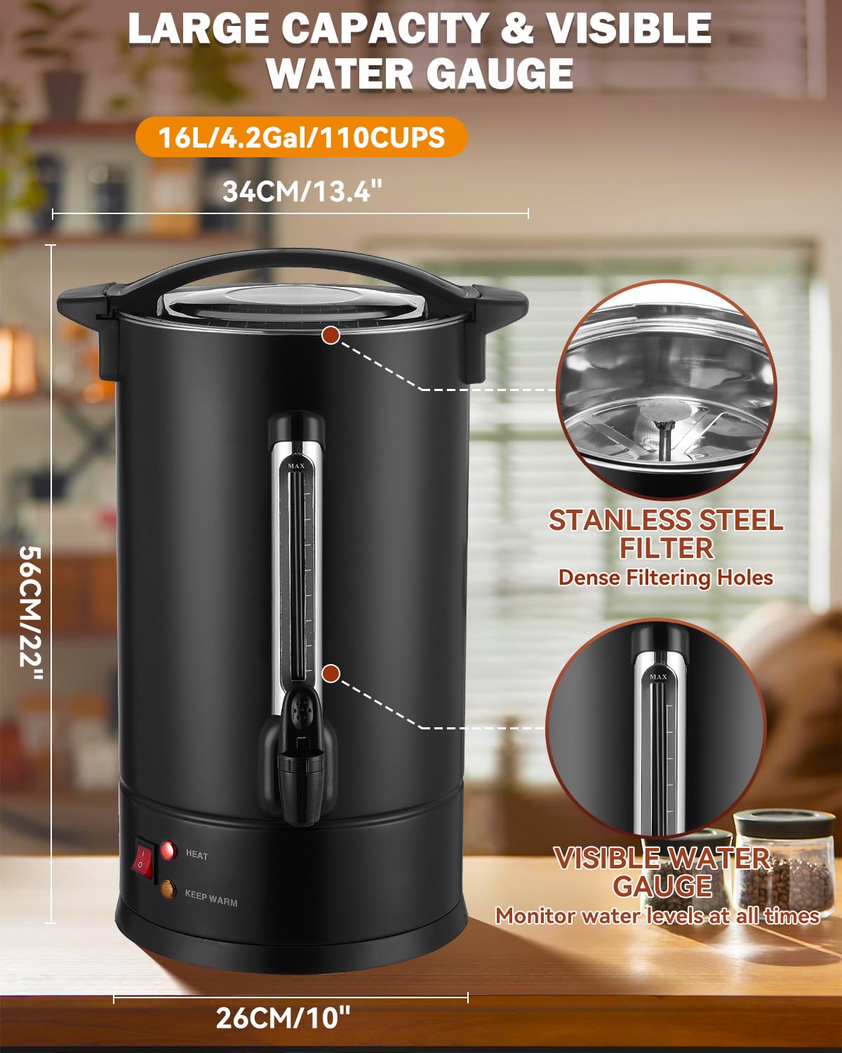 110 Cup Commercial Coffee Urn with Percolator, 1500W Upgraded Power, Quick-Brewing Coffee Maker With Auto Temp Control, Large Stainless Steel Hot Beverage Dispenser, Hot Water Urn For Events, Catering