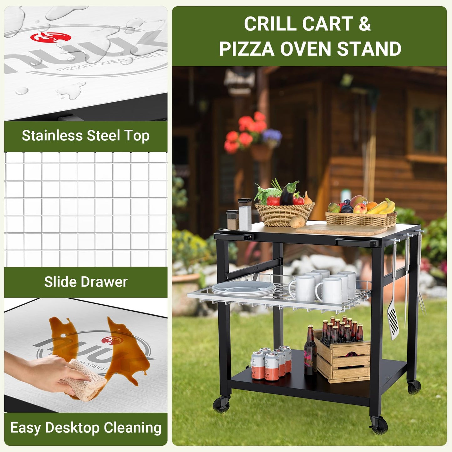 NUUK Grill Cart 30"x24" Pizza Oven Table for Outdoor 3-Shelf with Stainless Steel Top