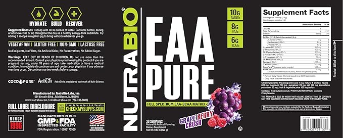 NutraBio ??EAA Pure ??9 Amino Acids ??Muscle Repair and Recovery, 30 Servings, Grape Berry Crush ??Pre or Post Workout ??All Day Recovery