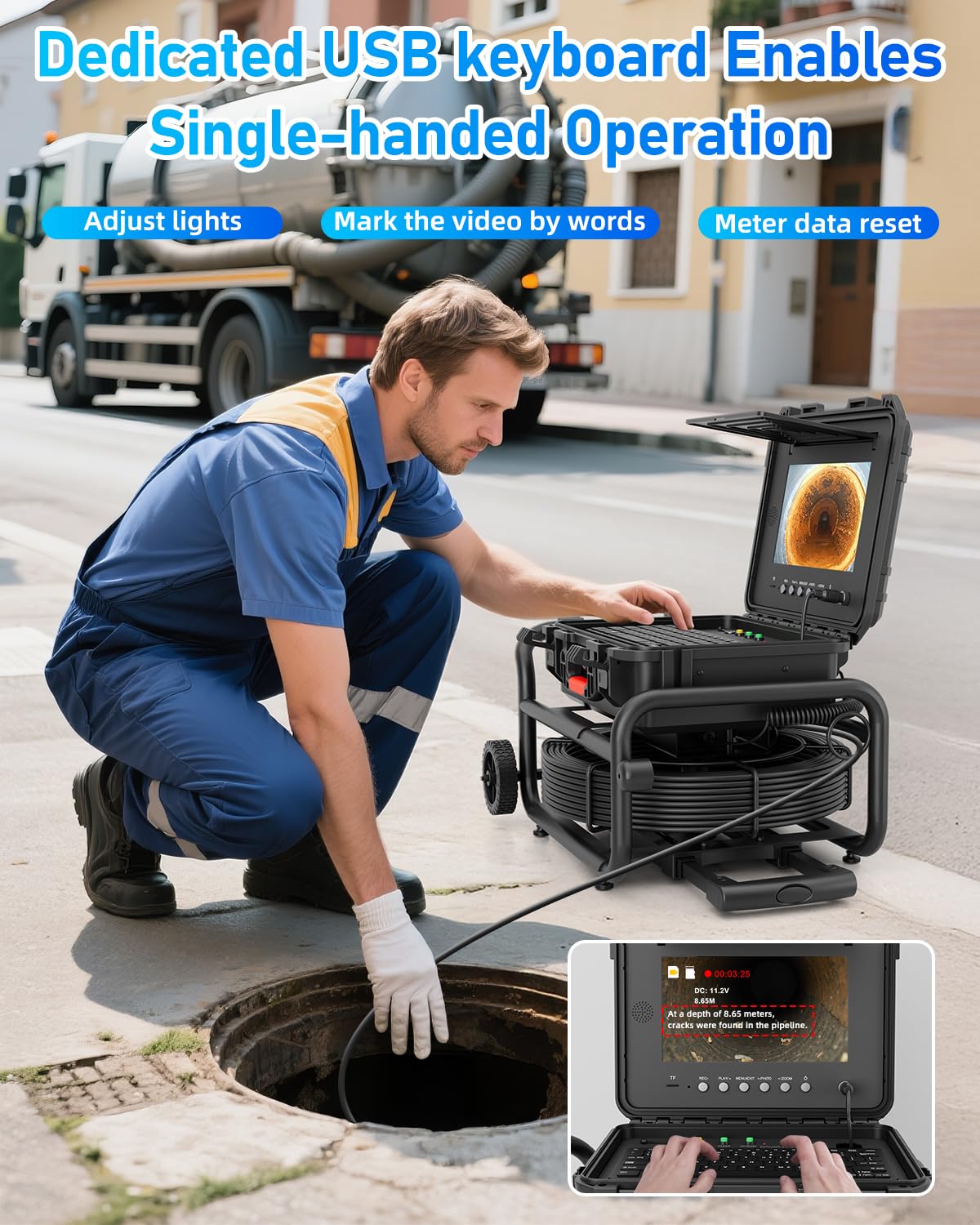 Sanyipace Self-Leveling Sewer Camera 165FT/50M with Wheels and Retractable Handle, Drain Camera with 512Hz Probe, Meter Counter, Video & Audio Record Speaker, Keyboard Input, 5X Zoom, 10" HD Screen