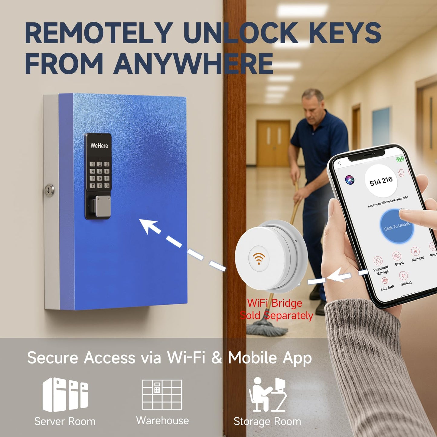 WeHere 32-Key Smart Key Lock Box with Key Management App(Track Key Borrow/Return), Keypad, Bluetooth & WiFi Unlock (Sold Separately), Wall-Mount Commercial Key Cabinet for School, Rental, Office