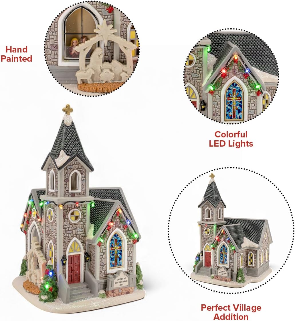 Skiennix Corner Cathedral Christmas Village - Porcelain Design with LED Lights