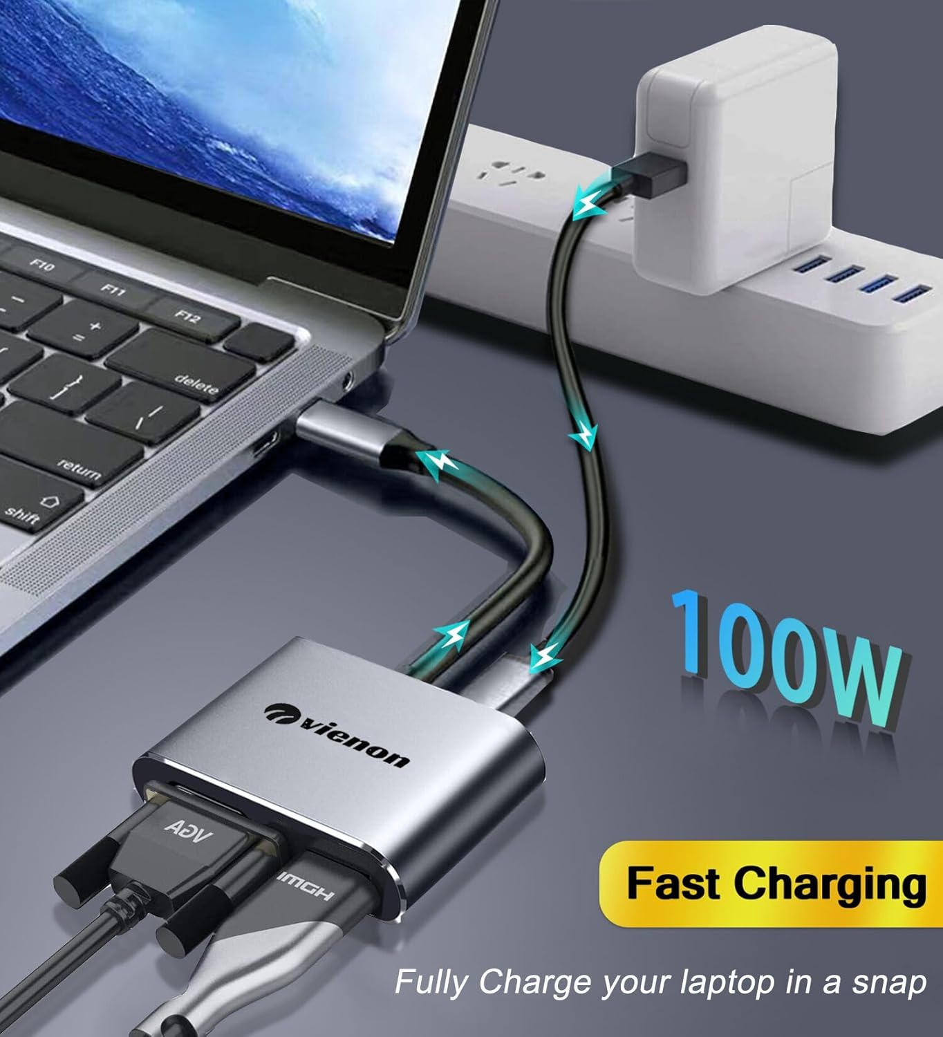 vienon 4 1 4K 1080P 3.0 5Gbps, 100W USB C to HDMI VGA Adapter for Dual Monitor, in USB C Hub with HDMI, VGA, USB PD