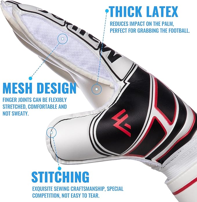 Malker Soccer Goalie Gloves Goalkeeper Gloves with Fingersave and Double Wrist Protection, Strong Grip Goalkeeper Gloves for Kids, Youth, Adults