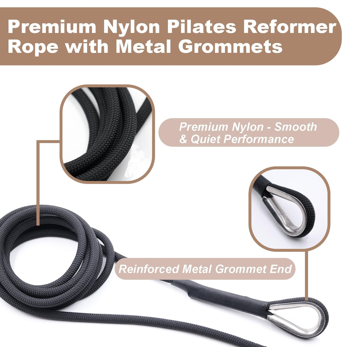 Lights Mountain Pilates Reformer Replacement Ropes (2 Pack), 110” Extra Long 8mm Nylon Rope with Metal Grommet, Heavy Duty Low-Noise Pulley Rope for Reformer, Tower & Cadillac-Style Equipment (without hook)