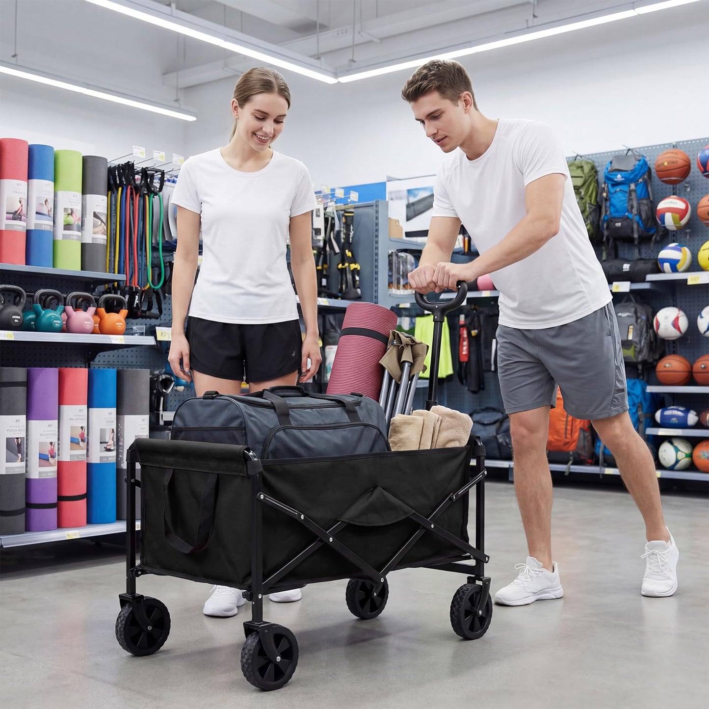DUMOS Collapsible Wagon Cart, Heavy Duty Foldable Utility Wagon with Wheels – 220 lbs Capacity, Flexible Handle for Beach, Garden, Sports, Grocery & Camping, Black