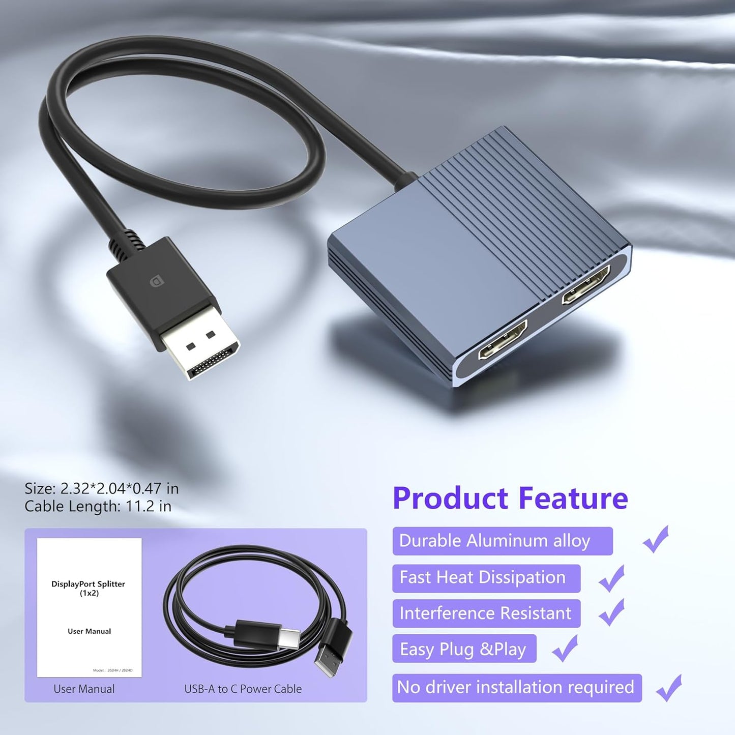 Aibilangose 4K@60Hz 2 DisplayPort to Dual HDMI Adapter, DP to HDMI Splitter Extended Display, Double hdmi Adapter