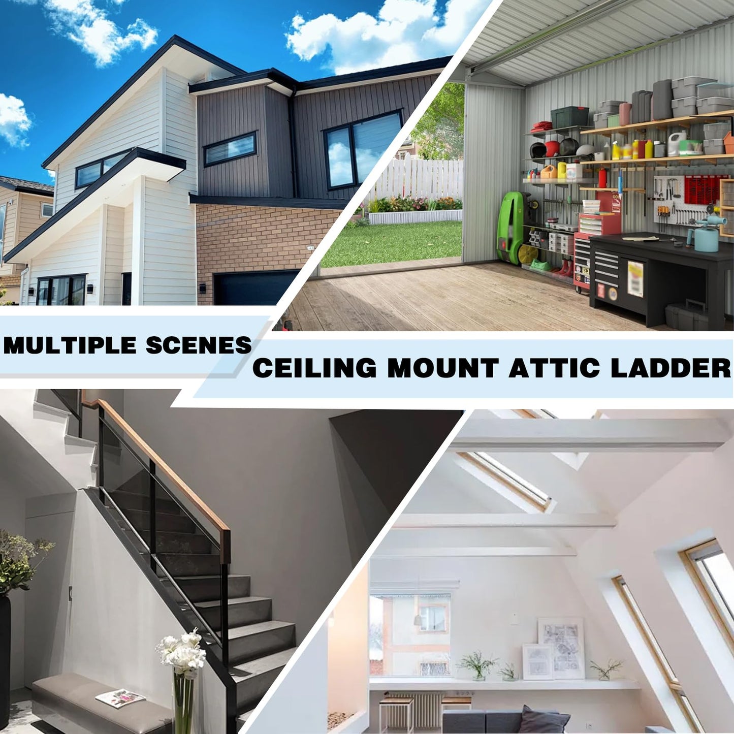 12 Steps Ceiling Mounted Attic Ladder, Retractable Pull Down System Attic Stairs, Telescopic Loft Stairs with Pull Rod, Ceiling Folding Loft Ladder with Handrail for Basement (Black, Steps 12)