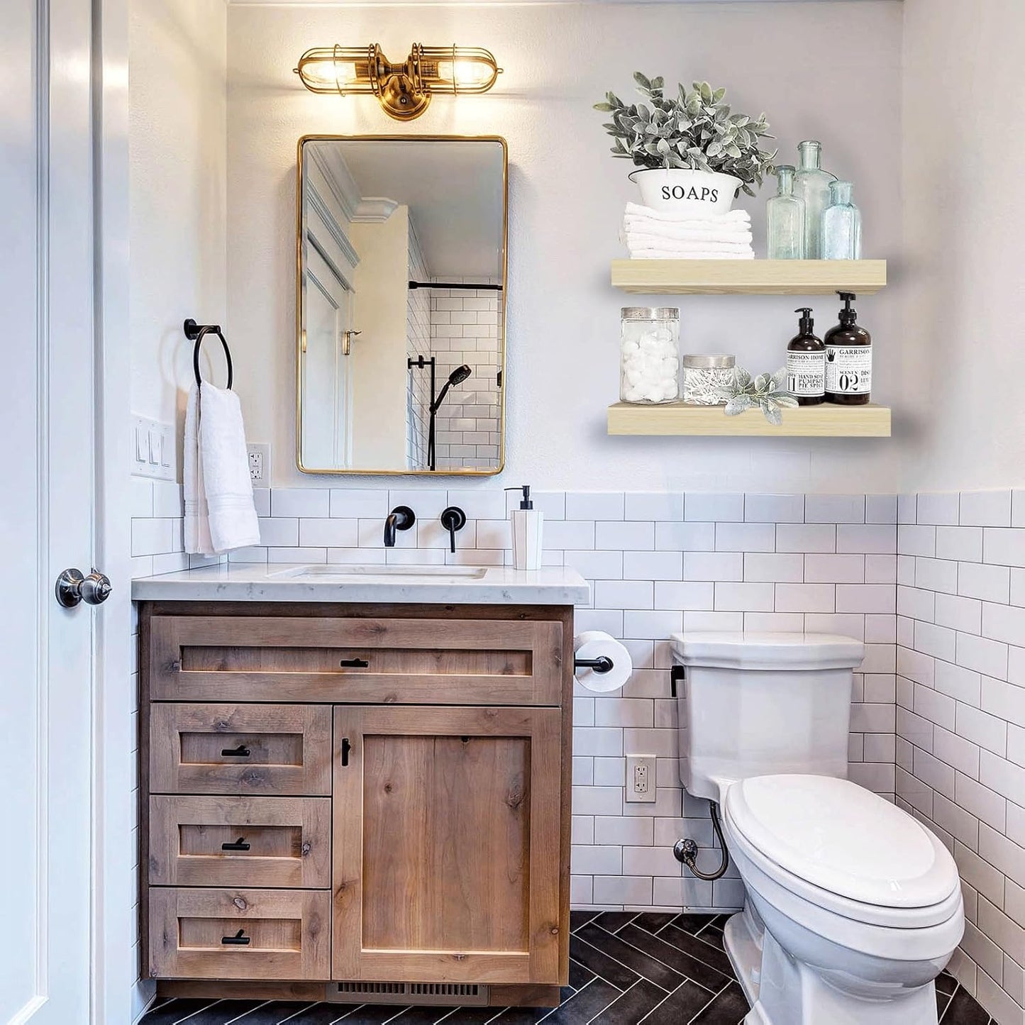 QEEIG Floating Bathroom Shelves - Wall-Mounted Farmhouse Decor | Set of 2, 15.7" x 6.7", Natural Finish