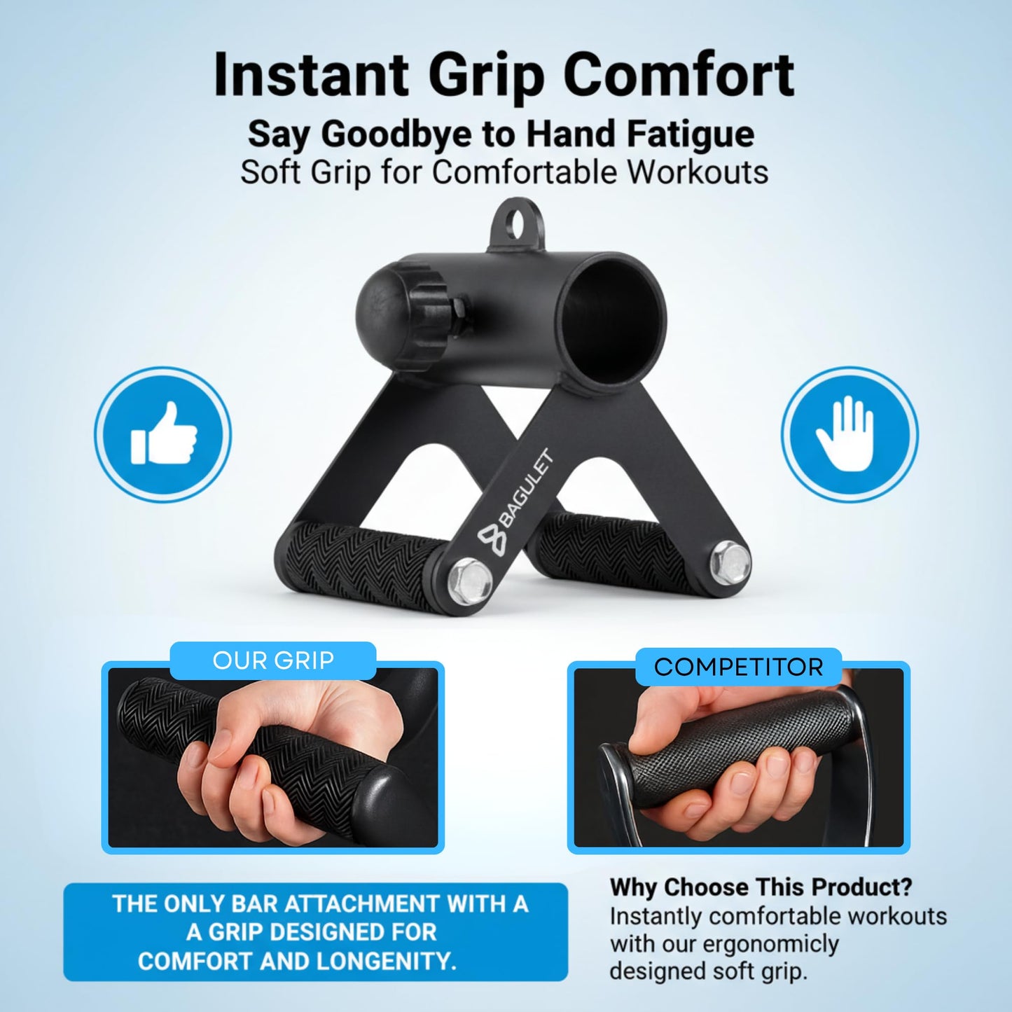Bagulet V Bar Attachment: Row Machine, LAT Pulldown, Landmine Handle, Soft Grip, Black, Home Gym Fitness Equipment, Includes Cooling Towel, Versatile Steel Design, Fits 2" Olympic Bars