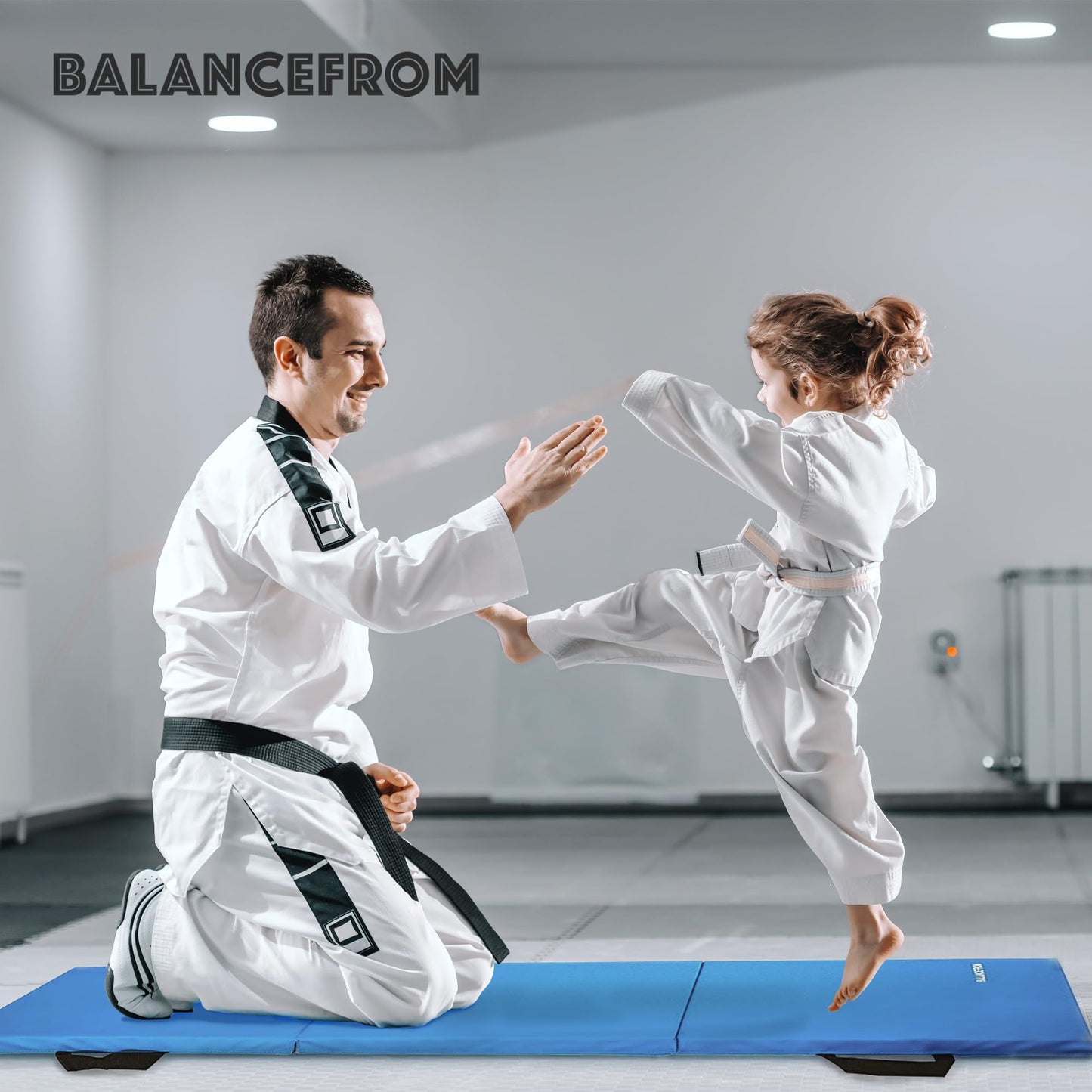 BalanceFrom 6x2 Feet 3-Panel Folding Gymnastics Mat – 1.5-Inch Thick Pad with Vinyl Surface and Carrying Handles for Tumbling, Yoga, Pilates, Home Workouts, and Martial Arts, Blue