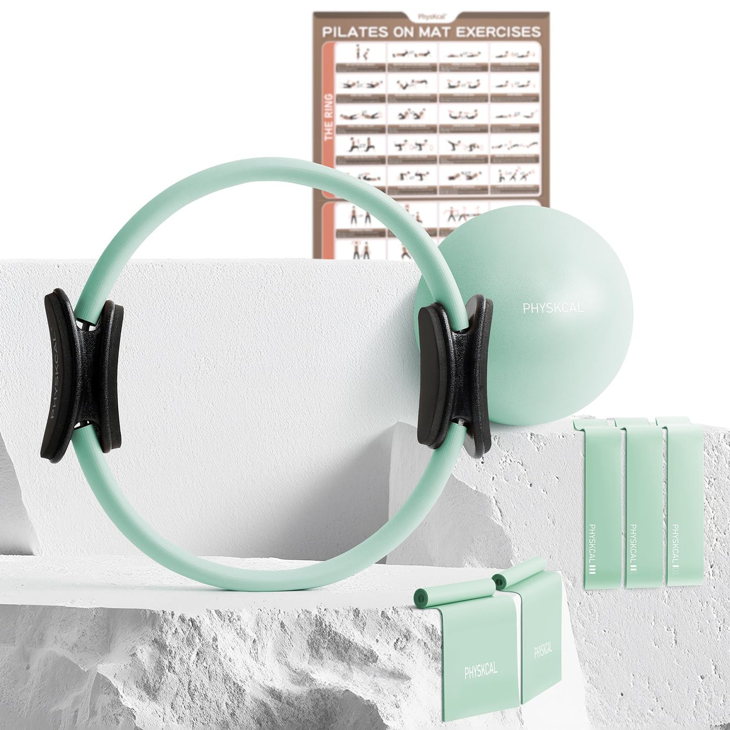 PhysKcal Pilates Ring Set, 15-Inch Magic Circle with 1x Core Ball, 3X Resistant Loop and 2X Flex Band, Mat Pilates at Home Essential Kit (Soft Mint)