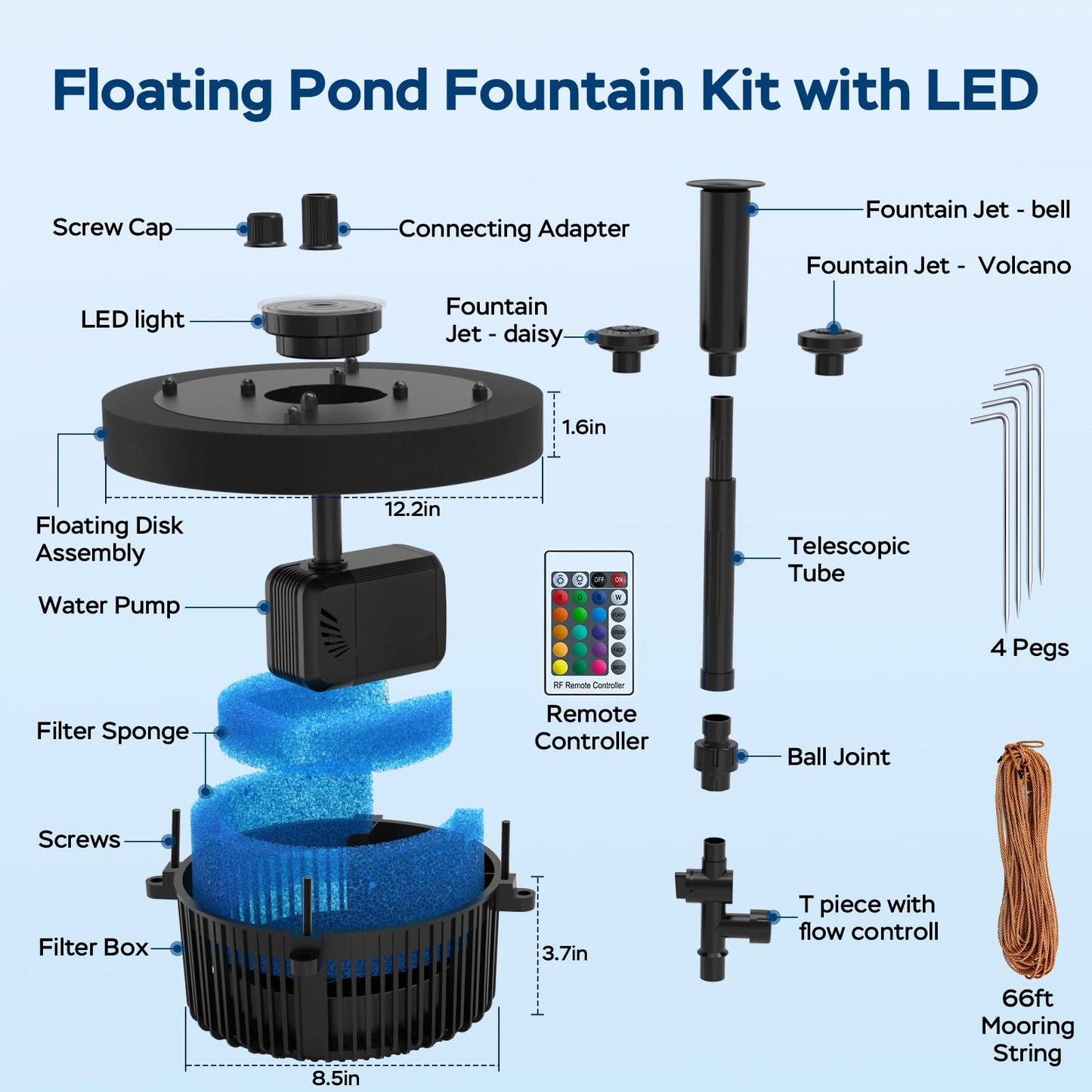 VCRAZE Floating Pond Fountain Pump with Lights | Remote Control RGB LED | 660GPH Pond Fountain Aerator | Floating Fountain with 3 Spray Patterns | for Ponds, Pool, Water Garden