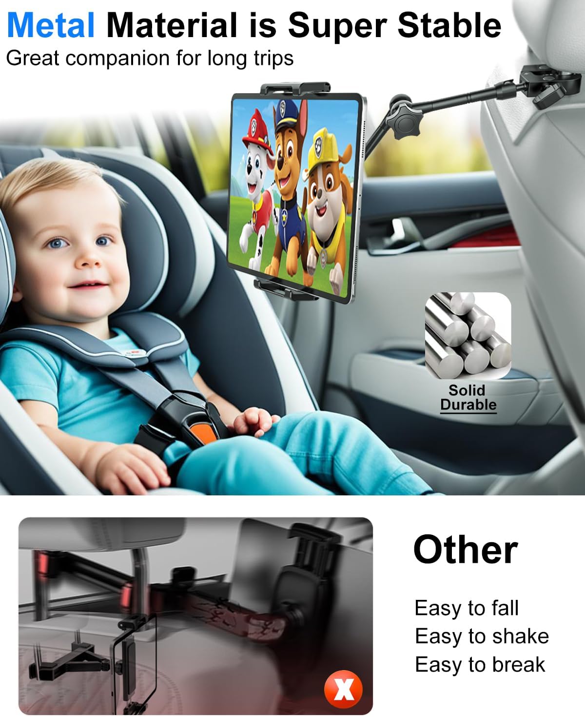 Kolasels 12.9 iPhone16, 5.5-15.6" Car Headrest Tablet Holder - Metal Magic Arm, Car ipad Holder Backseat Kids