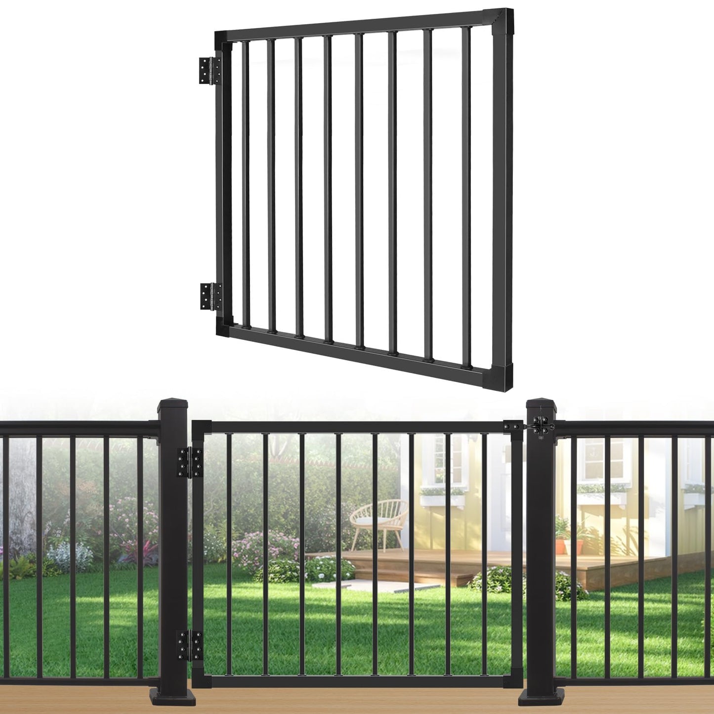 Deck Gate Outoor, 36″ Black Heavy Duty Steel Anti-Rust Fence Door with Adjustable Width (Up to 48"), Easy Installation Metal Gate for Residential, Yard, Patio, with Hinges and Latch