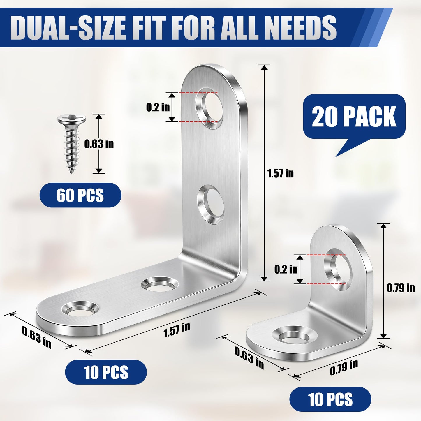20 Pack L Bracket Corner Brace Kit, 2 Sizes Stainless Steel L Brackets for Wood Shelves, 90 Degree Right Angle Bracket with 60 Screws, Small Metal Corner Brackets for Furniture Cabinet Drawer Chair