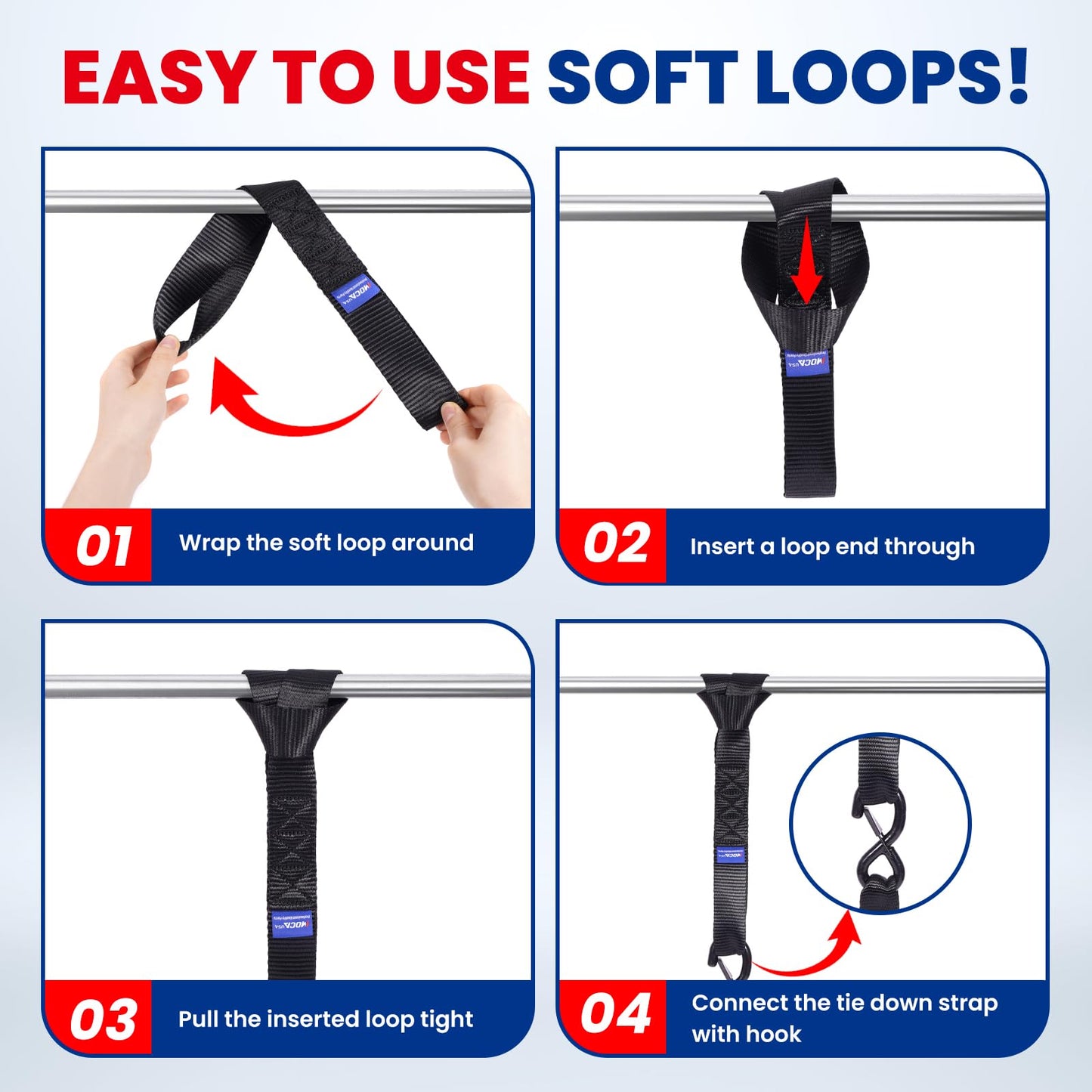 MOCA 8-Pack Soft Loop Tie Down Straps 12000 Lbs Breaking Strength 1.6 x 17 inches, Heavy Duty Tie Down Loops for Secure Trailering of Kayak, Motorcycles, ATV, UTV (8 Pieces, Black)