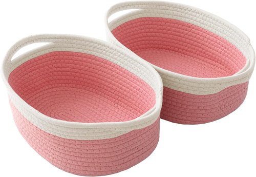 JMvicyroam Woven Basket - Small Rope Storage Bin with Handles | Organizer for Shelves & Closets - White & Pink (2 Pack)