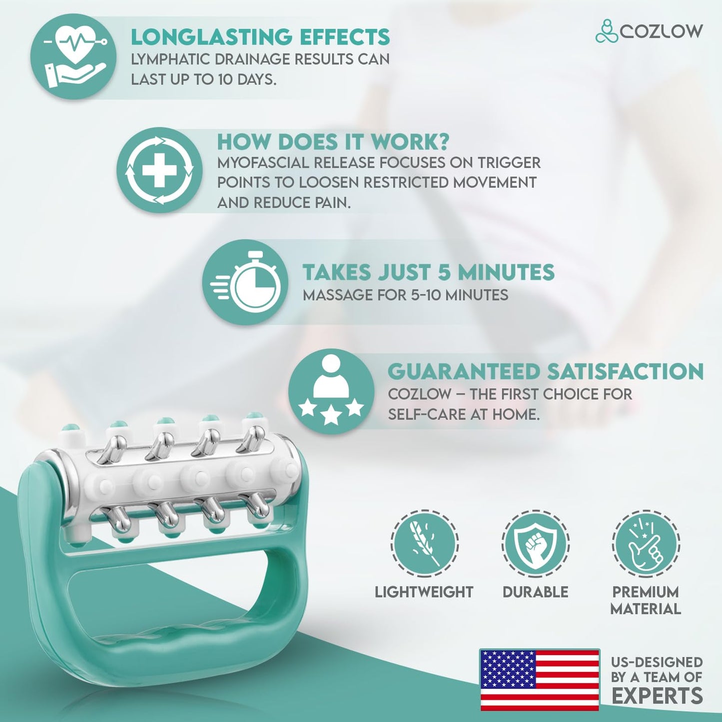 COZLOW - MyoRelease Lymphatic Drainage Massager - Green - Handheld Fascia Release + Scar Tissue Massage Roller for Shoulder, Neck, Belly, Thigh, Leg, Back, Glutes - Helps Reduce Cellulite Appearance
