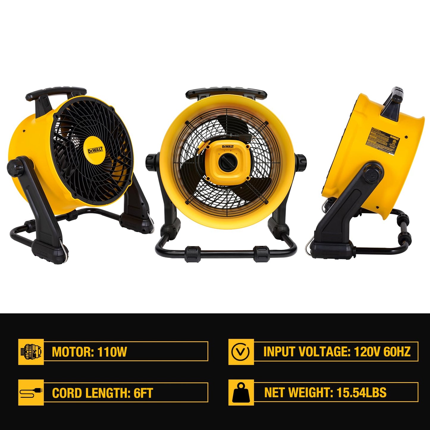 DEWALT 16 Inch Floor Fan, 360° Adjustable Tilting Airflow Fan, 3-Speed 4000 CFM Max, Hook Hangable, Wall Mount for Garage, Basement, Gym, Heavy Duty Barrel Shop Fan DXF1616