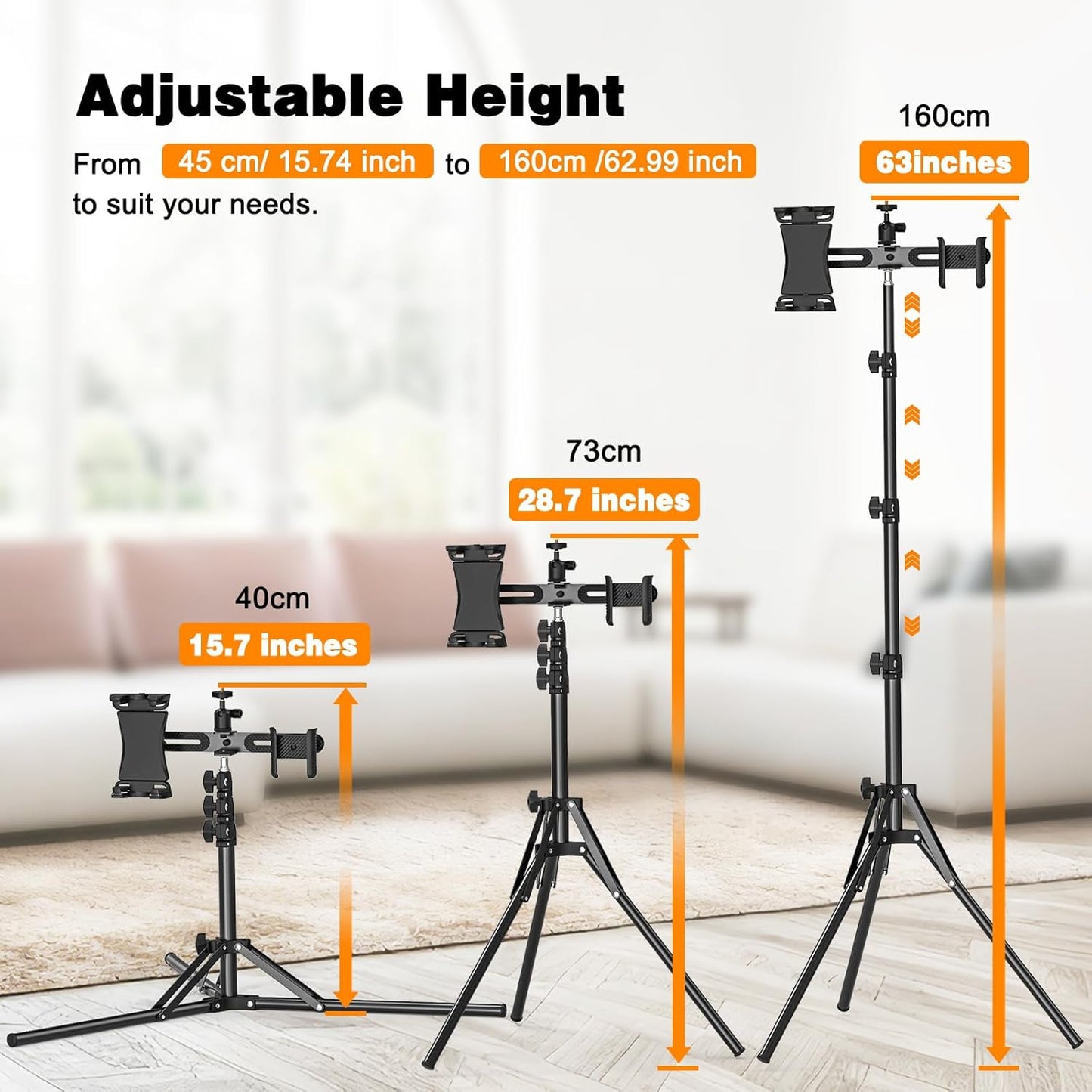 BAISHUN 63-inch 360 2 4.7-12.9 inch 1/4 inch Tripod Stand for Tablet Camera Phone, Height Adjustable iPad Mount Holder