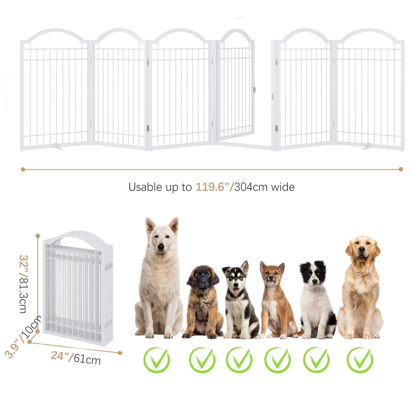 BHG Metal No-Assembly Freestanding Dog Gate with Door Walk Through, Extra Wide 144", Extra Tall 32" Pet Gate, Accordion Puppy Folding Playpen Dog Fence, with 2PCS Support (White, 6 panesl)