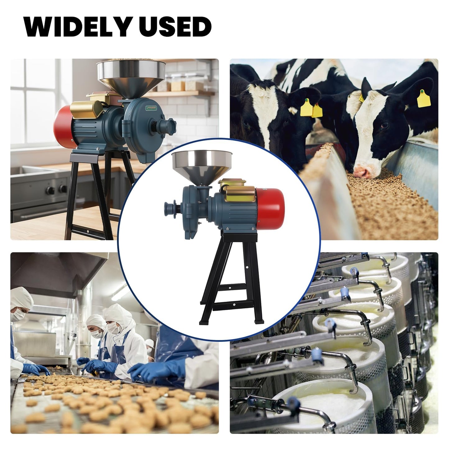 Vohala 3000W Grain Mill Grinder, Commercial Dry Wet Cereals Milling Machine with Cooling Ventilation Hood, Adjustable Thickness Stainless Steel Hopper, for Feed Flour Rice Grinding