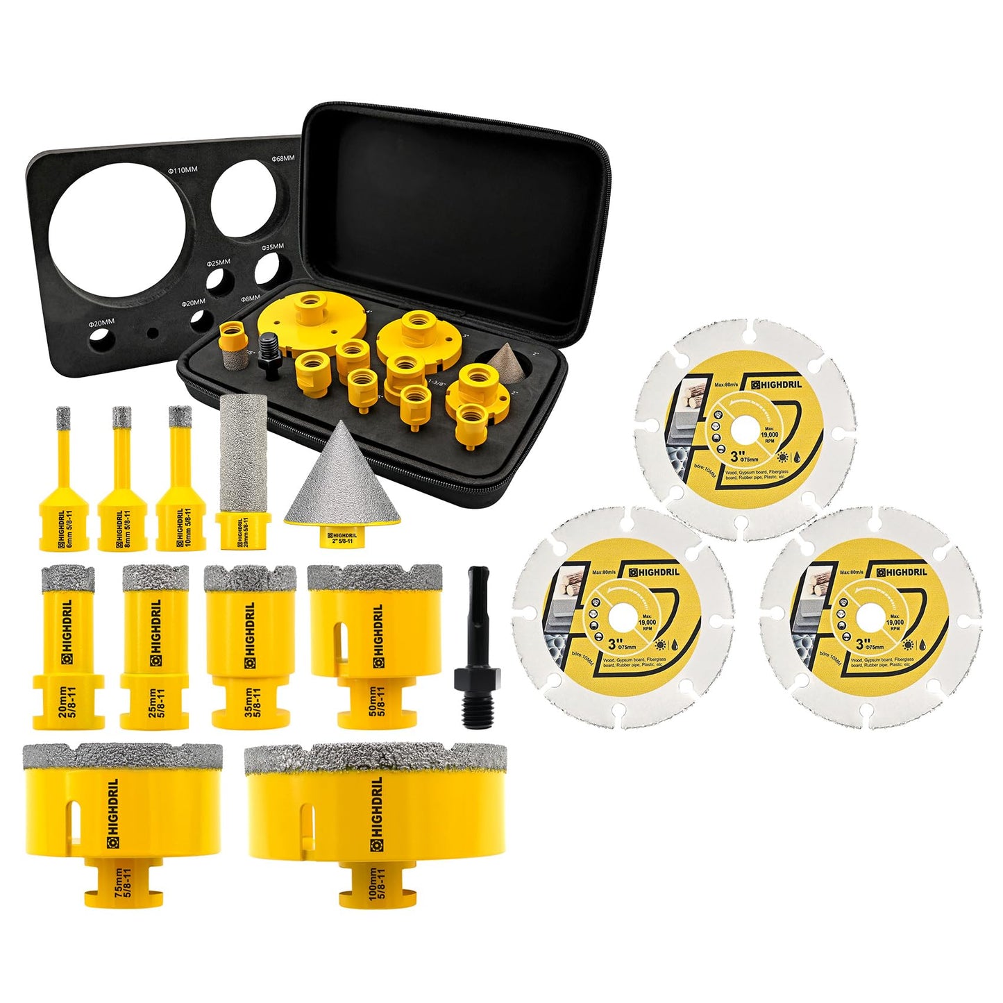 HIGHDRIL Diamond Hole Saw Kit - 6/6/8/20/25/35/50/75/100mm Drill Bits and HIGHDRIL 3 Inch Circular Saw Blade - 3pcs Carbide Wood Cutting Disc with Arbor 10MM
