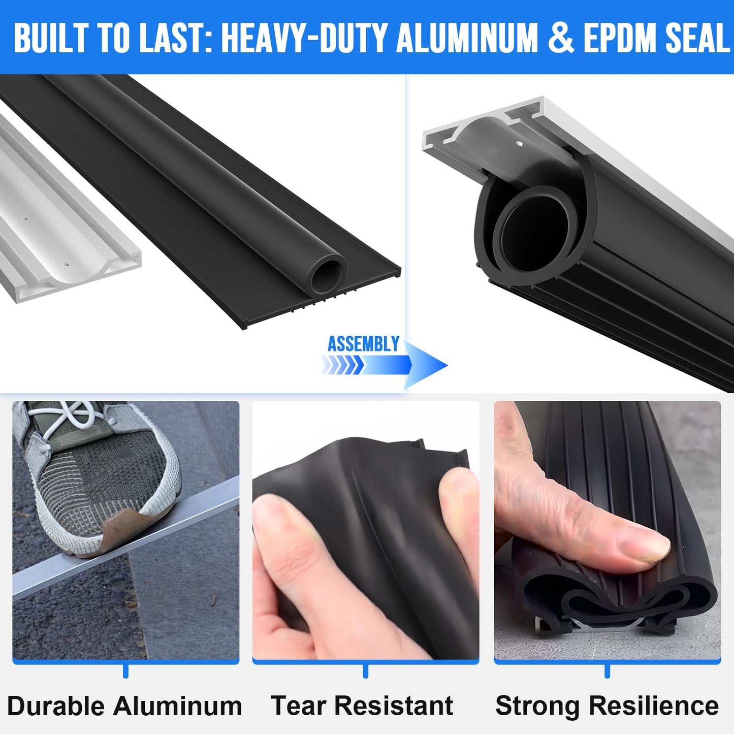 alophoty 8 FT Garage Door Seal Bottom Kit - Heavy Duty EPDM Rubber U+O Ring Weather Stripping with Pre-drilled Aluminum Track, Universal Replacement Stops Rain, Drafts & Pests, Easy to Install