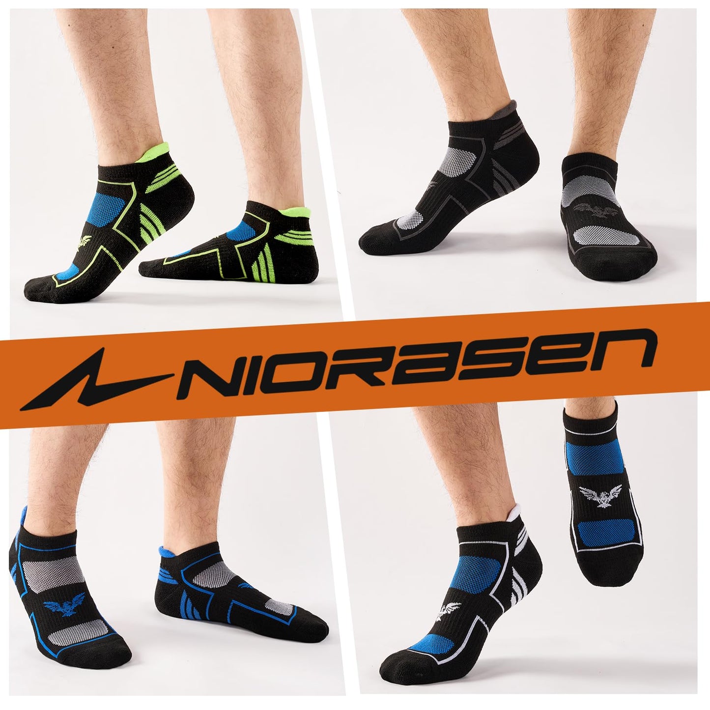 Niorasen Mens Running Socks 6 Pairs with Arch Compression Support, Cushioned & Breathable Ankle Socks for Men, Moisture Wicking Black Athletic Sock for Training Jogging Walking