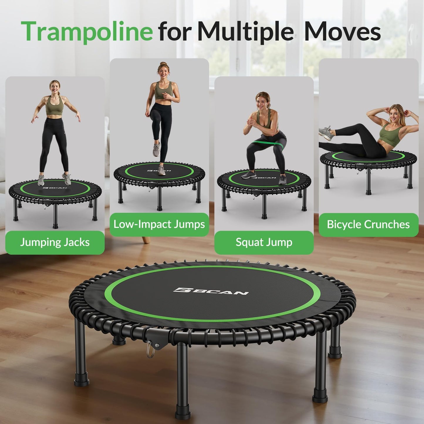 BCAN 40" Adult Fitness Trampoline with Durable Bungees, Stable & Quiet Exercise Rebounder,Great Mini Trampoline for Indoor/Garden Workout - Green