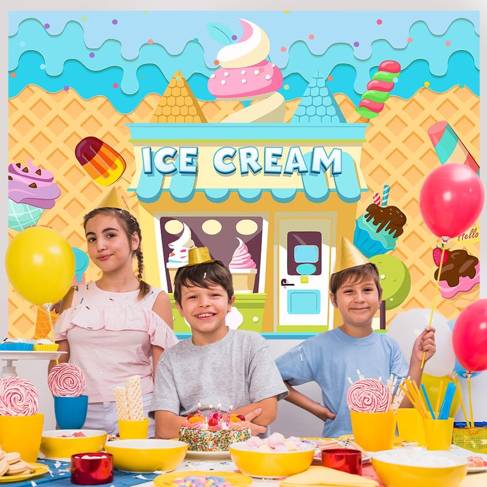Retyshia 5x3Ft Summer Ice Cream Backdrop Banner Ice Cream Shop Birthday Backdrop for Party Dessert Parlor Photography