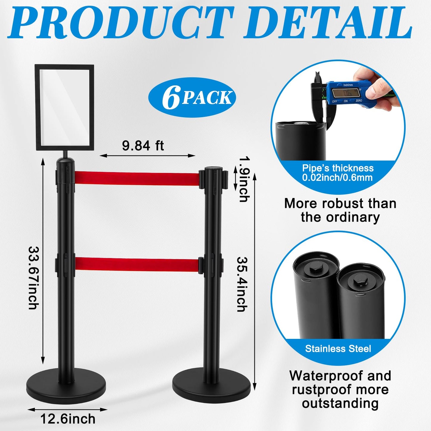 Therwen 6 Pcs Crowd Control Stanchions Set, Double Retractable Safety Belt, Heavy Duty Stainless Steel Crowd Control Barrier, Solid Metal Base, Easy Connect Assembly (9.8 ft,Black and Red)