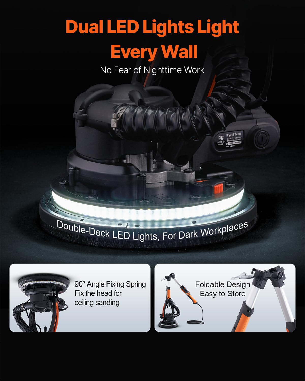 VEVOR Wall Smoother, 900W Electric Tool with 12 Sanding Discs, 800 to 1800 RPM Speed, 3 Vacuum Hoses, Collapsible for Ceiling Use, Dual LED Lights, Telescoping Handle, and Built-in Dust Collector