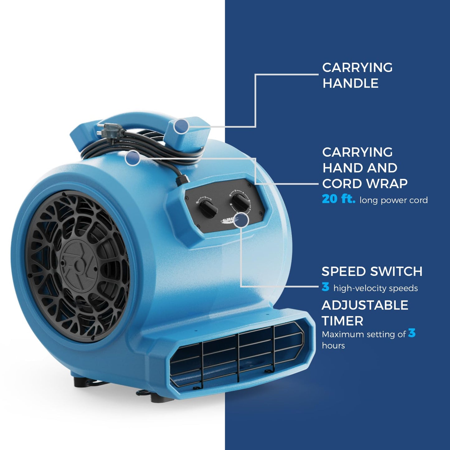 ALORAIR 4000 CFM Air Mover Blower Fan for Industrial, Floor Drying Fan, Carpet Dryer - Timer, Stackable, 3 Speeds, 5 Adjustable Angles Ideal for Water Damage Restoration and Plumbing - GE4000T