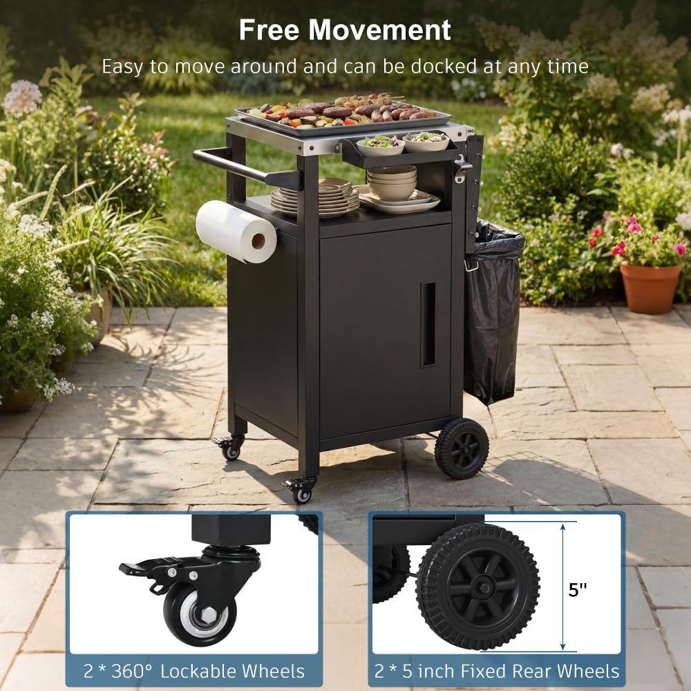 Dfchlda 33.9" Outdoor Grill Cart with Stainless Steel Top, Foldable Table, Storage Cabinet, Pizza Oven Table on Wheels, Hooks & Spice Rack for BBQ, Waterproof Cover Included, Black