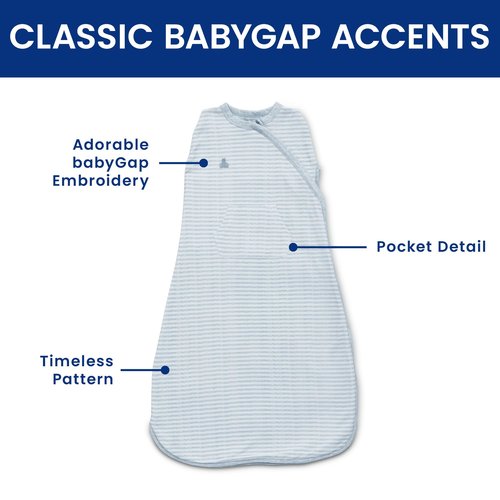 Delta Children Gap babyGap TrueSleep Sleep Sack | 100% Organic Cotton | GOTS and Oeko-Tex 100 Certified | 2-Way Zipper | Large: 6-12 Months, Bluish Grey Stripe