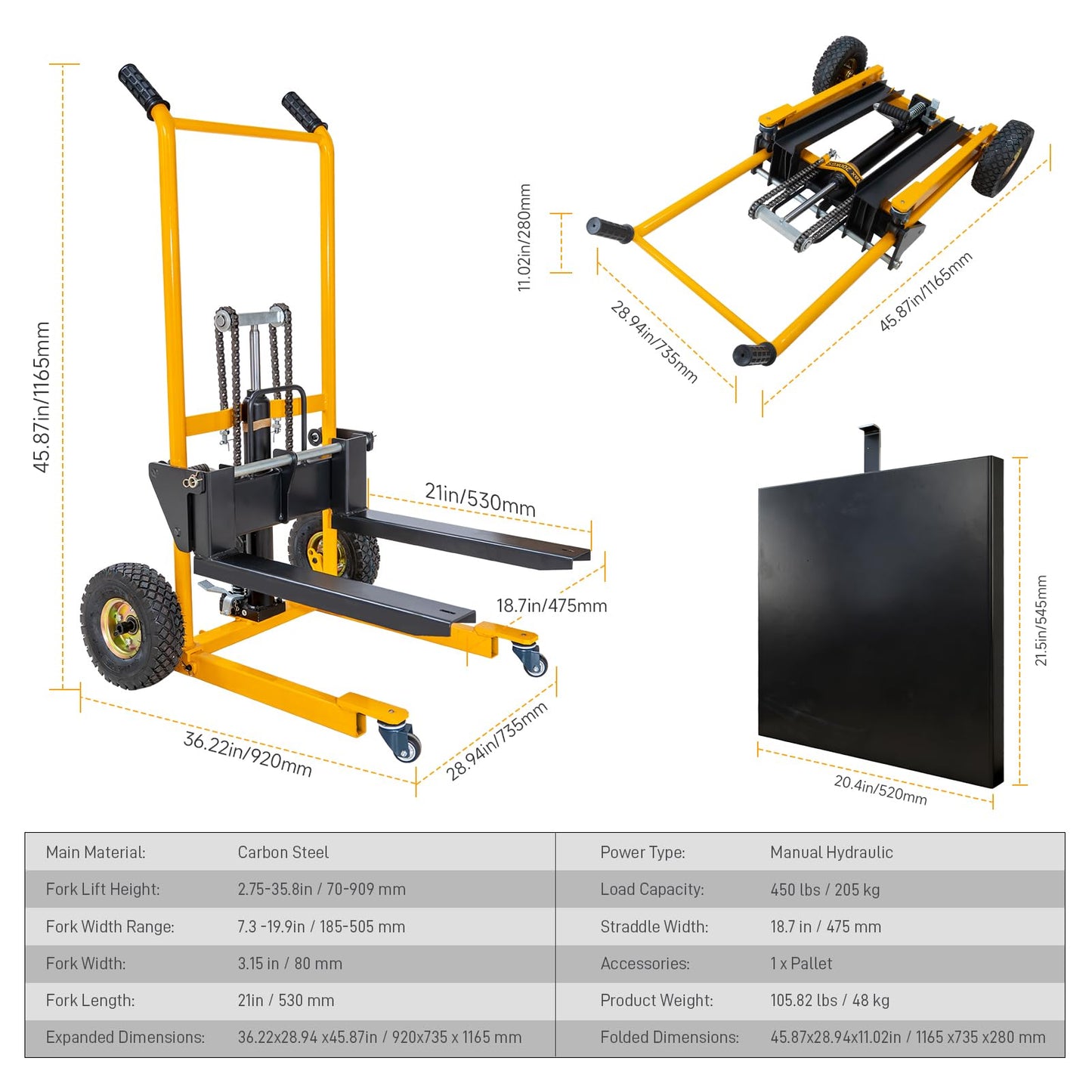 Foldable Hydraulic Material Lift Stacker, 450lbs 35.8" Max Lift, Portable Pallet Truck Dolly w/Swivel Casters, Adjustable Forks, Fork Lift Table Cart, Pallet Jacks & Trucks for Warehouse, Shop