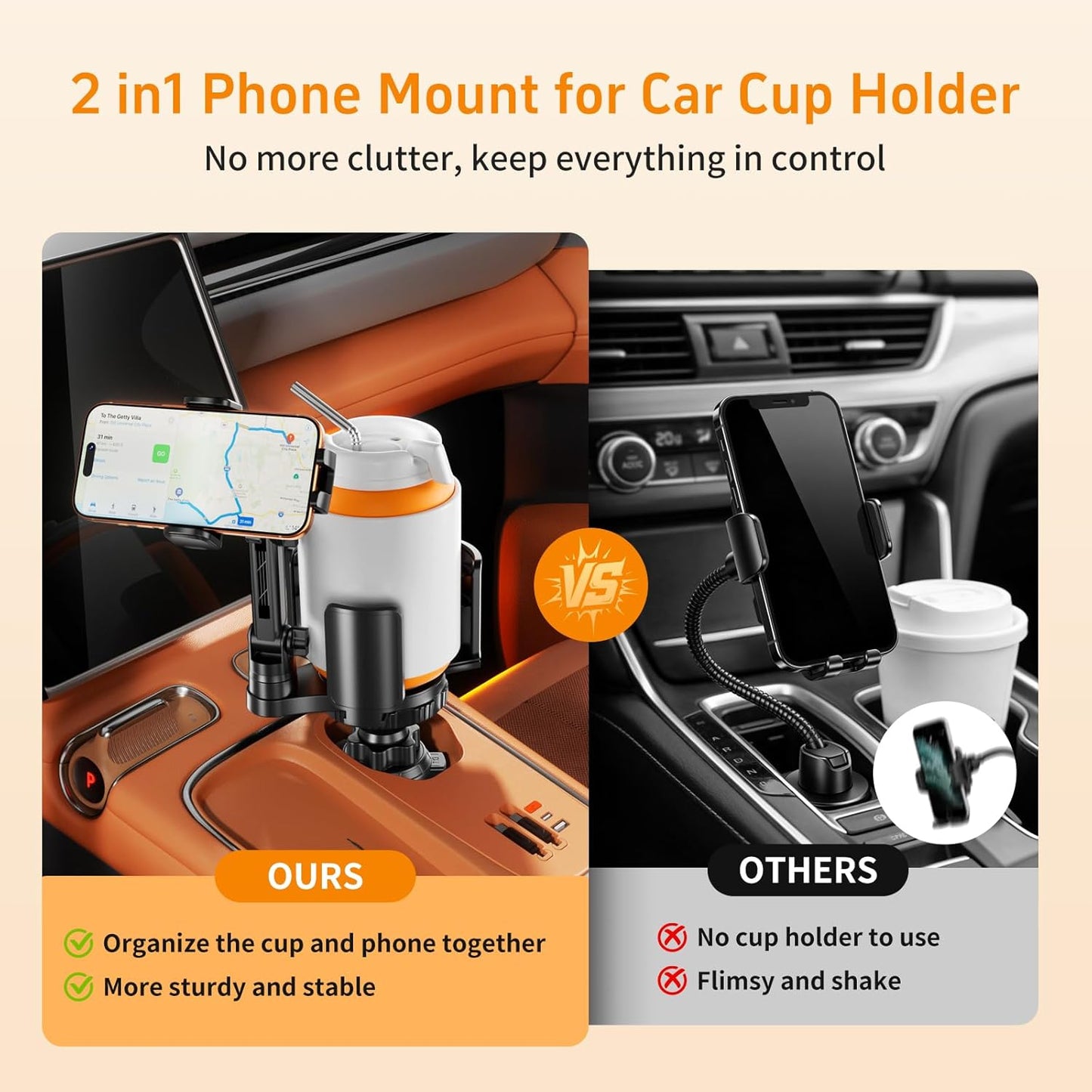 bokilino 2 1 360Rotation 4-7 5.31'' Phone Holders for Your Car, in Cup Holder Phone Mount with Expander, Secure Hold
