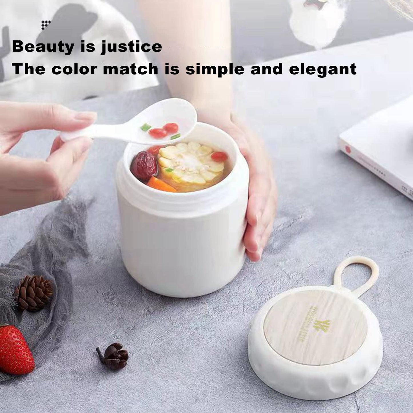 Food Jar for Hot Food,13.5oz Insulated Lunch Box Container for Hot and Cold Food,Children's insulated soup cans, Adults, Work, School, Picnic, Outdoors.PP inner linery, microwave oven (Plastic white)