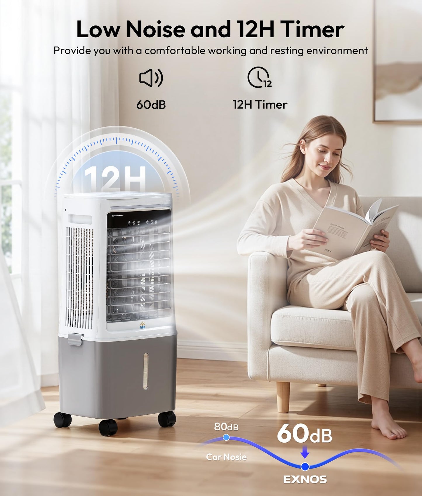 EXNOS 3-in-1 Portable Evaporative Air Cooler - 2000 CFM Swamp Cooler with 6.6-Gal Dual Tank & 4 Ice Packs, Remote Control, 12H Timer, Oscillating Cooling Fan That Blows Cold Air for Large Room, Office