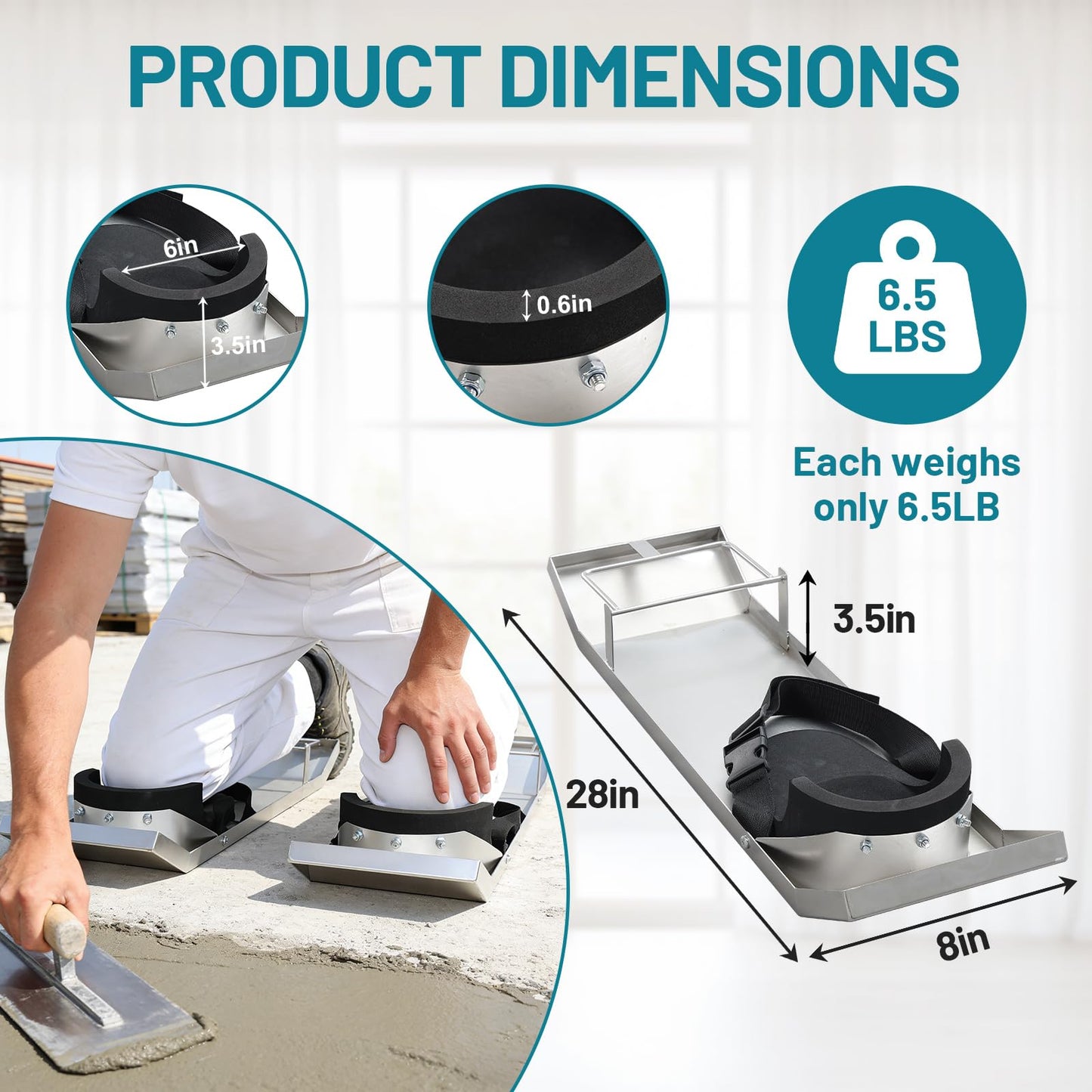 HOME RIGHT Concrete Sliders 28 * 8 Inch Toe Knee Crawler Stainless Steel Concrete Knee Boards Sliders Lightweight Concrete Knee Boards Labor-Saving Patines Para Concreto
