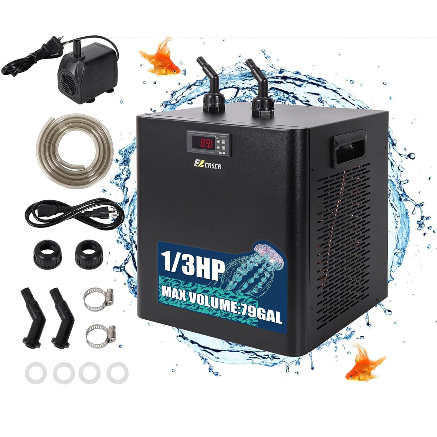 Ezcasch Aquarium Chiller, 79 gal 1/3 HP 300L Water Chiller for Cold Plunge, Hydroponic Cooler Fish Tank Cooling System for Axolotl Coral Reef Shrimp with Pump and Pipe