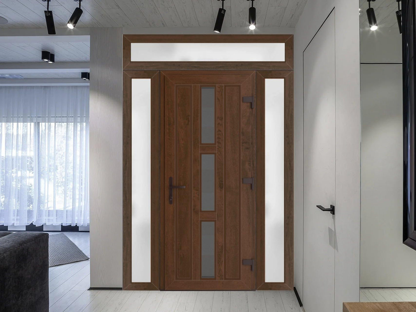 VDOMDOORS Front Exterior Prehung Metal-Plastic Door Frosted Glass | Manux 8112 Walnut | 2 Side, Top Sidelite Transom | Residential Doors Entrance Patio Garage 60 x 94 (W12+36+12 x H80+14) Left-Inswing