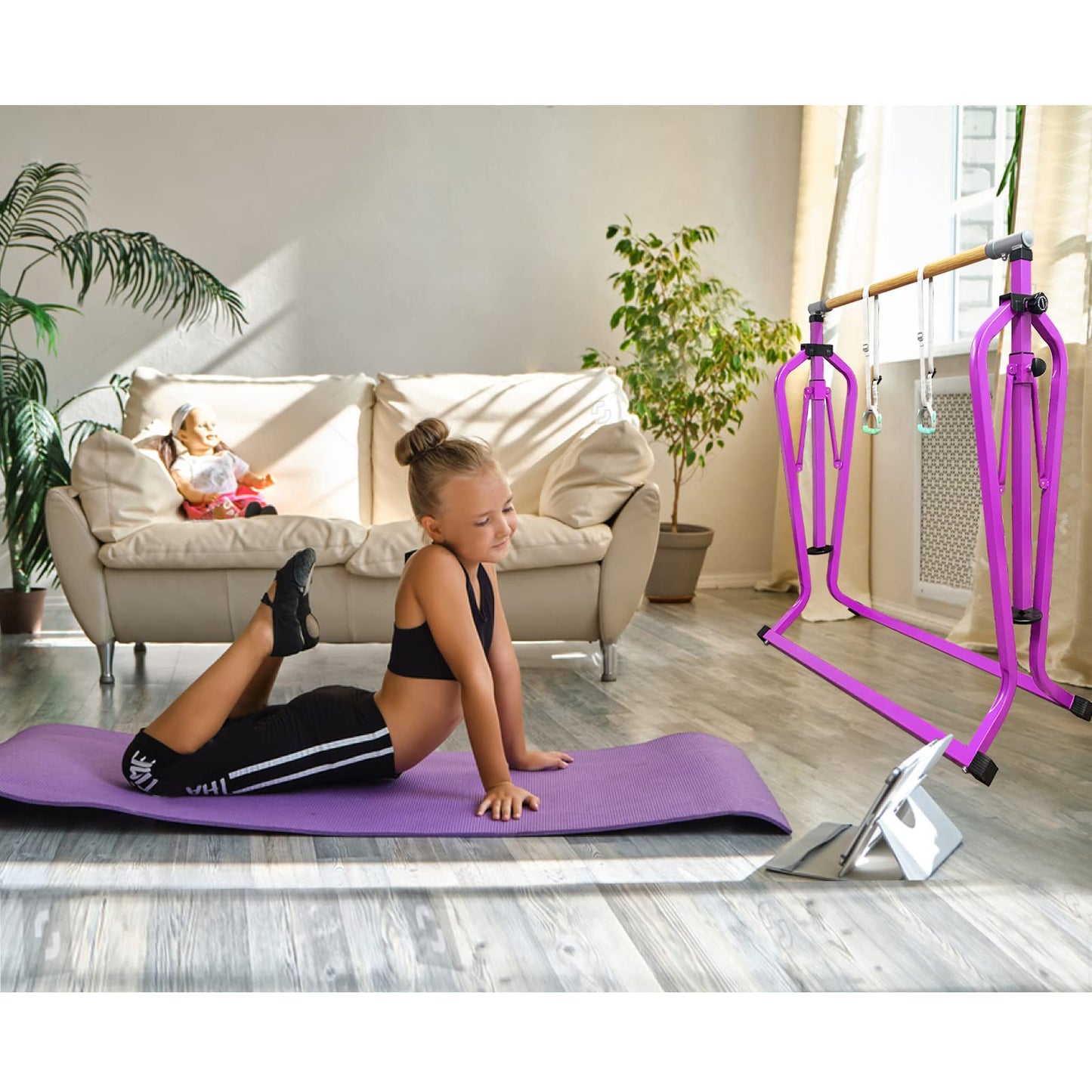 GLANT Gymnastics Bar for Kids with Swing Set, 8 Heights Adjustable Easy Folding Gymnastic Training Bar Kids Monkey Horizontal Bars - Max Load 300LBS (Purple-MAT)
