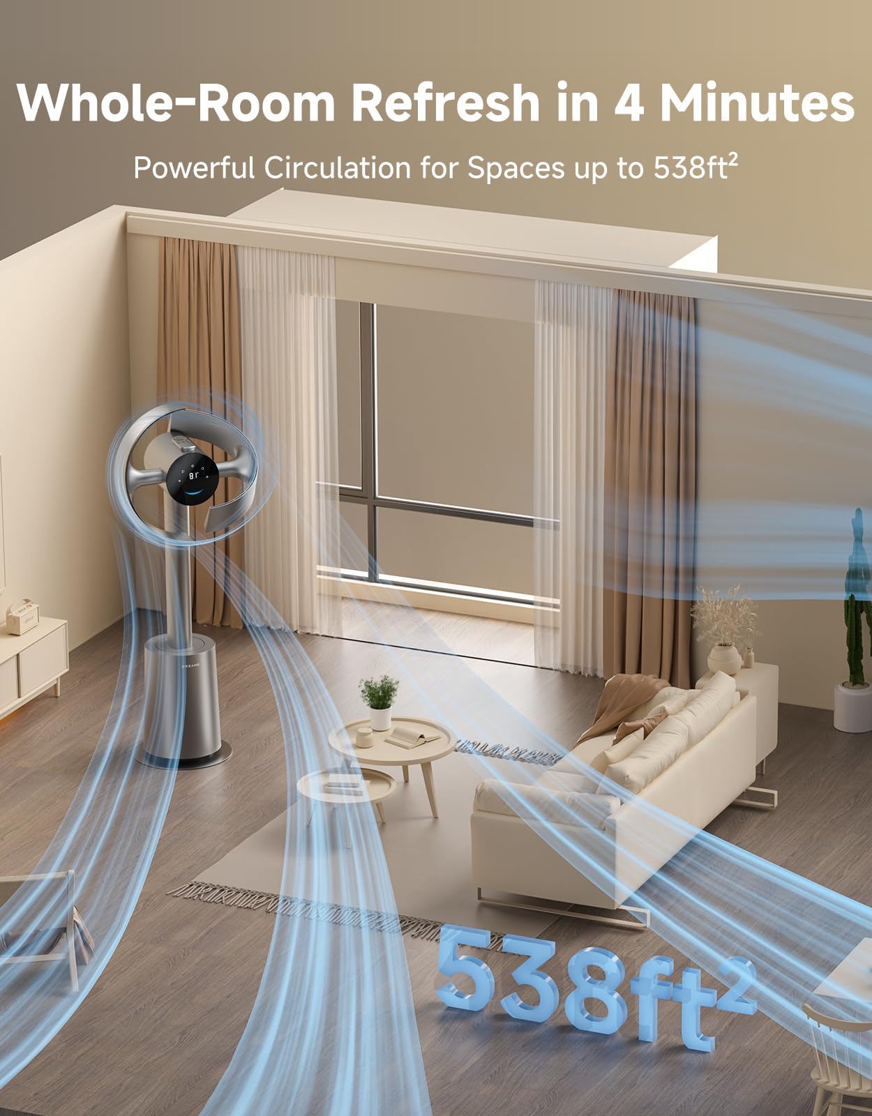 DREAME Bladeless Tower Fan for Bedroom, Smart Standing Fan with 270° Spatial Airflow for Whole-Room Circulation, 59ft/s High Velocity, 10 Speeds 3 Modes, Temperature-Adaptive Airflow, MF10-Silver
